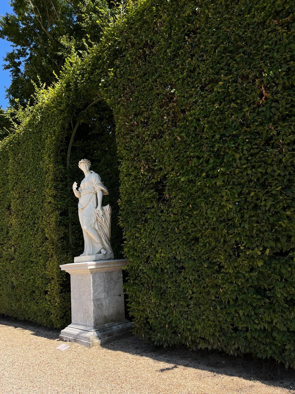 Garden statue in sculpted hedge